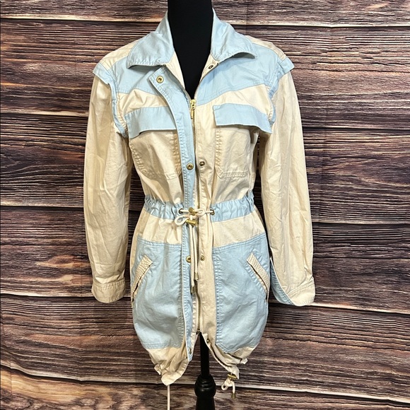 Anthropologie Retro Catelyn Colorblock Utility Anorak Jacket Cream and Blue| XXS - Picture 2 of 16